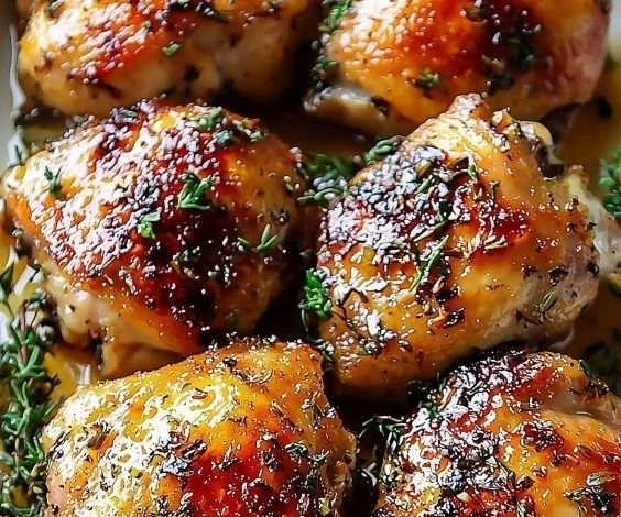 Crispy oven-baked chicken thighs served on a plate with herbs