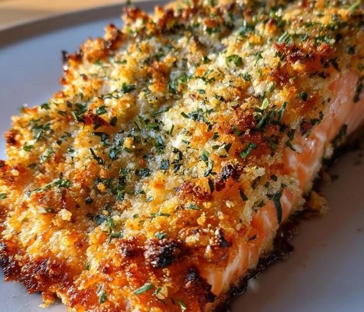 Crispy Parmesan Salmon Bake served on a plate with fresh herbs