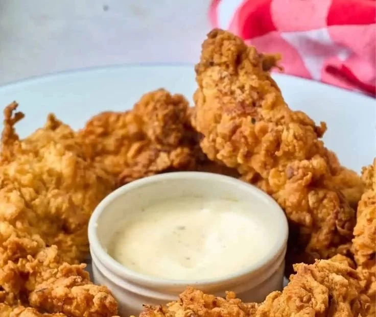 Golden brown fried chicken served on a plate with a side of dipping sauce.