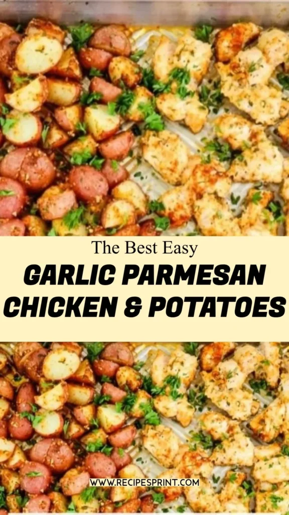 Juicy Garlic Parmesan Chicken served with seasoned potatoes for a delicious meal