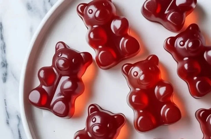 Gluten-free strawberry gummies in a vibrant red color with fresh strawberries.