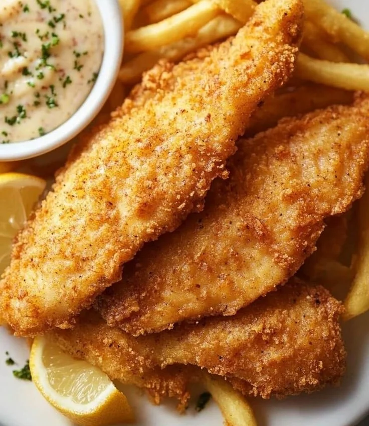 Delicious golden fried catfish served with fresh sides