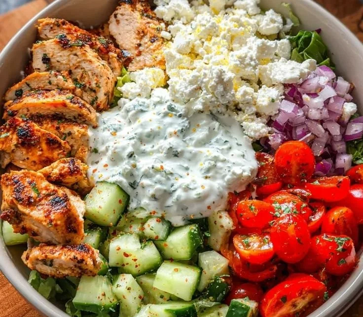 Delicious Greek Chicken Bowl topped with fresh vegetables and feta cheese