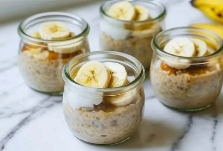 Bowl of healthy banana overnight oats topped with sliced bananas and nuts