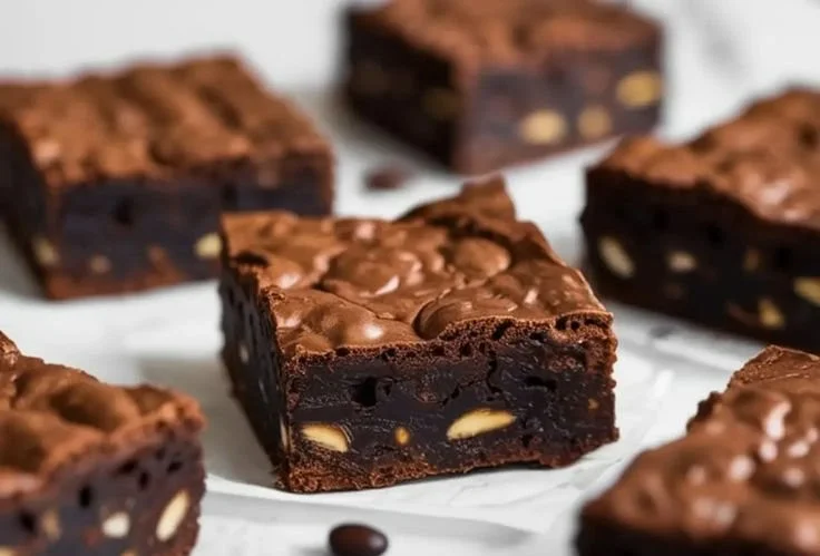Delicious high protein black bean brownies served on a plate with chocolate sauce.