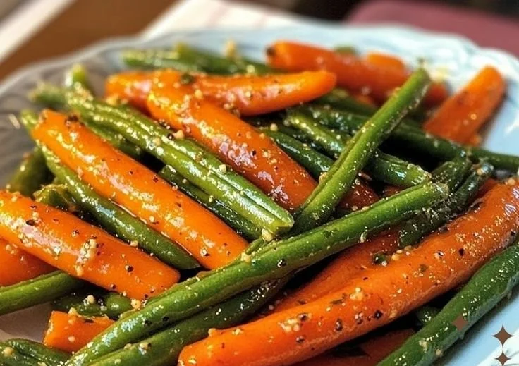 Honey glazed carrots and green beans dish served in a bowl