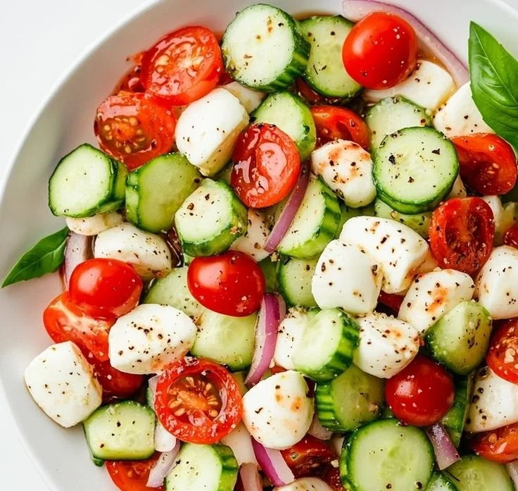 Juicy Cucumber Caprese Salad with mozzarella and basil served on a plate.