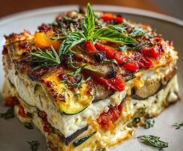 Layered Mediterranean vegetable lasagna with creamy ricotta in a baking dish