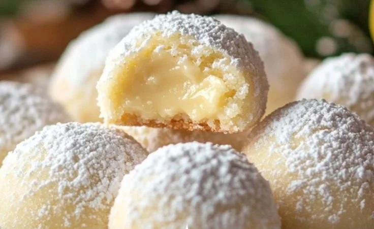 Lemon Cream Snowball Cookies ready to serve on a festive plate.