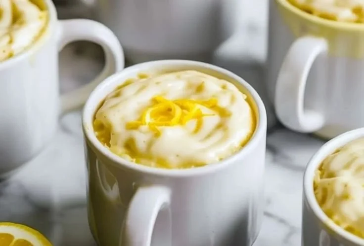 Low calorie lemon mug cake in a white mug with a lemon slice