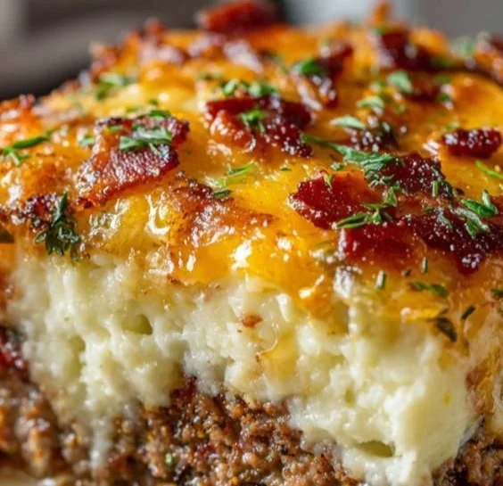 Delicious meatloaf served with cheesy mashed potatoes on a plate