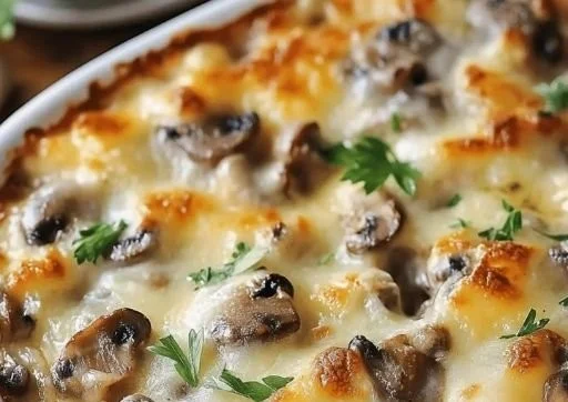 Delicious Mushroom Swiss Burger Casserole served in a colorful dish