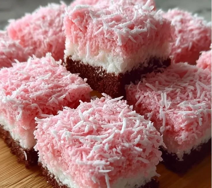 Pink Coconut Snowball Cake Bars topped with fluffy coconut frosting