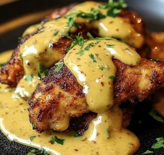 Crispy pretzel chicken served with a side of dipping sauce and vegetables