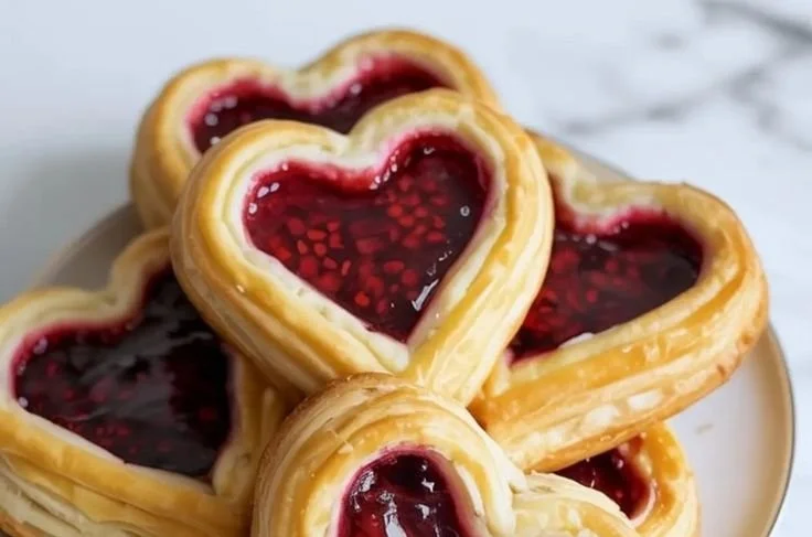 Freshly baked Raspberry Heart Danishes on a plate.