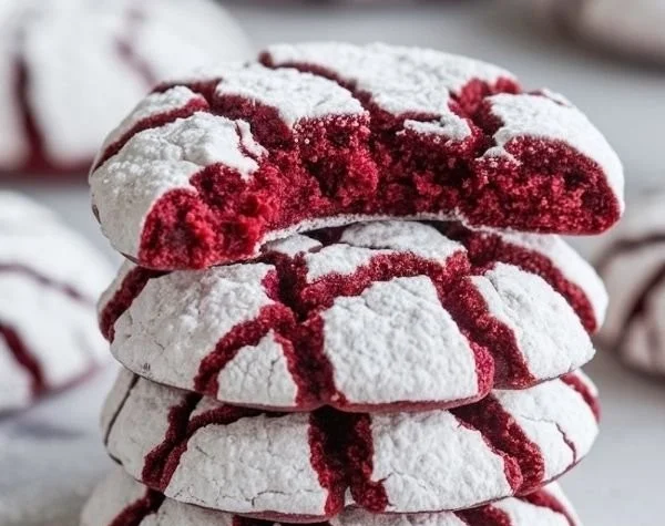 Delicious Red Velvet Crinkle Cookies on a plate, showcasing their soft texture.