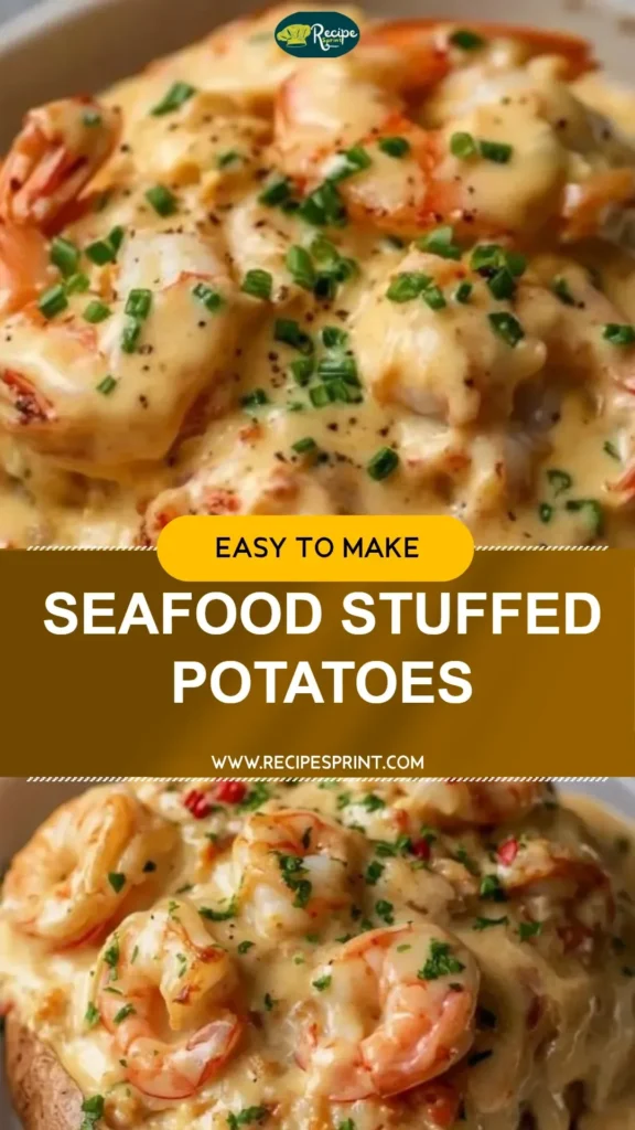 Delicious seafood stuffed potatoes topped with creamy sauce and garnished.