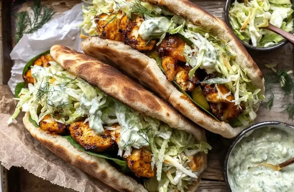Sheet pan chicken pitas served with herby ranch sauce