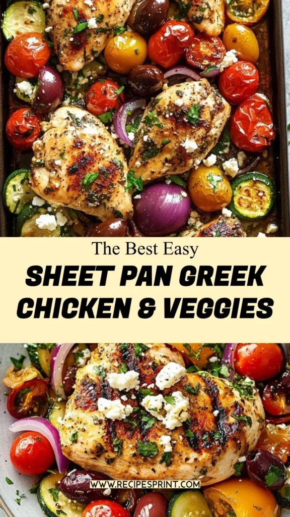 Sheet pan Greek chicken and assorted veggies ready to enjoy.