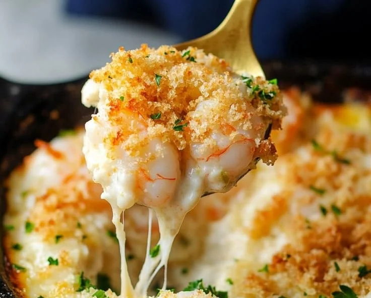 Delicious shrimp casserole topped with cheese and breadcrumbs in a baking dish.