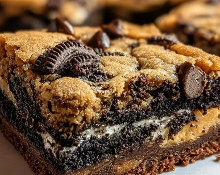 Delicious slutty brownies with layers of cookie and brownie mix