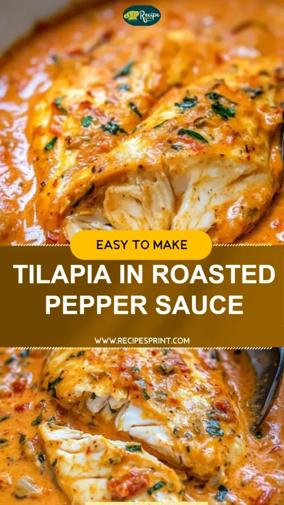 Plate of tilapia in roasted pepper sauce garnished with herbs.