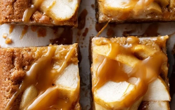 Delicious Apple Pie Blondies drizzled with sweet salted caramel sauce