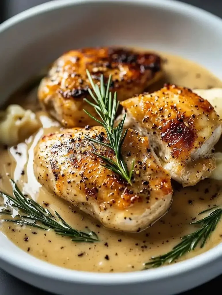 Delicious baked chicken drizzled with Dijon sauce on a plate.