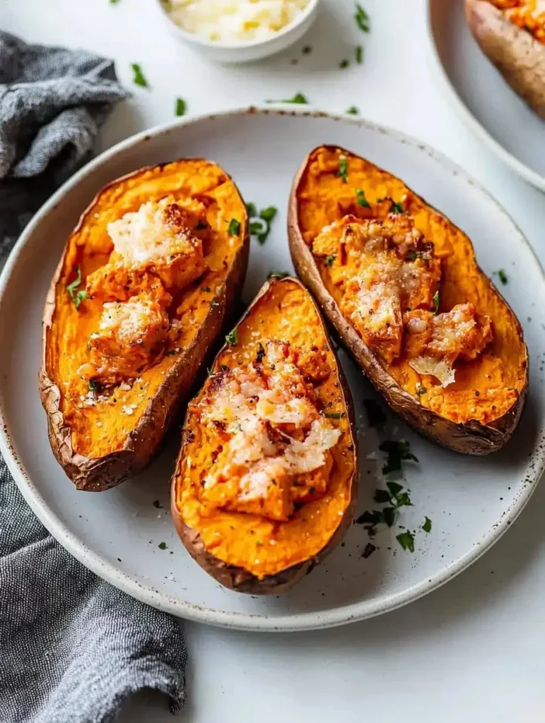 Delicious baked sweet potatoes served with toppings