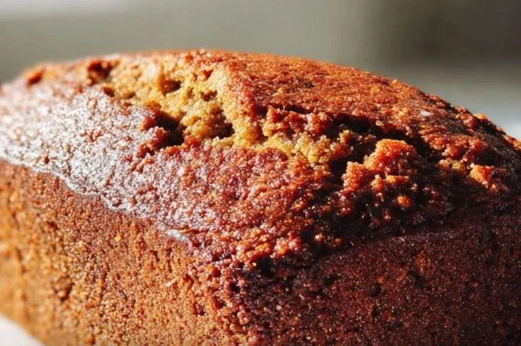 Delicious slice of Banana Gingerbread Loaf on a wooden table