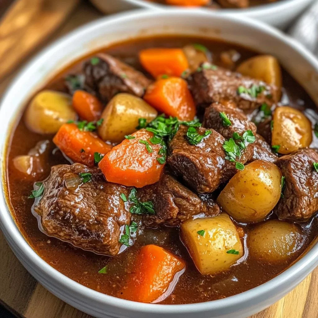 Best beef stew in Red Apple Vinegar Sauce served in a bowl with garnishes