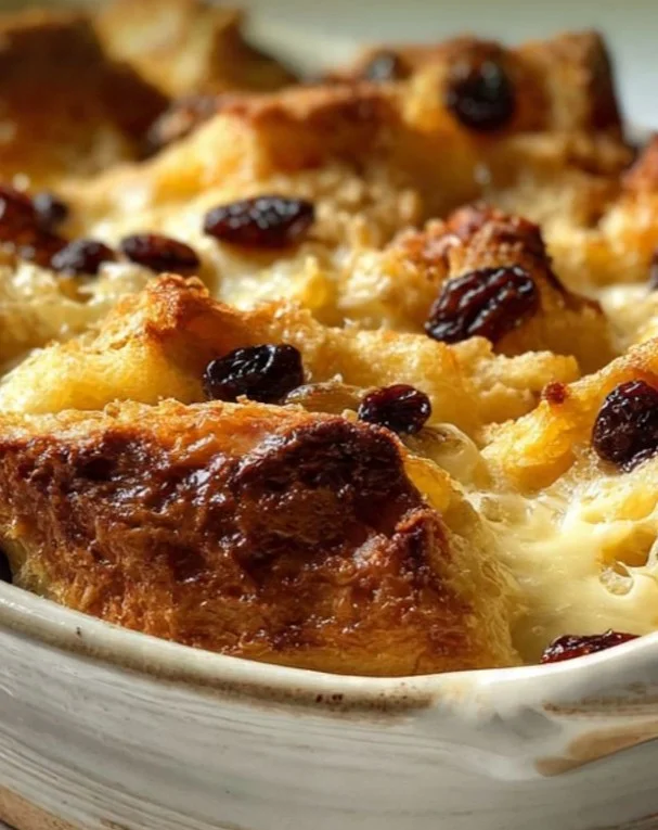 Delicious Bread and Butter Pudding served warm with a custard drizzle