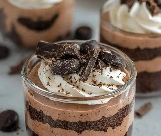 Delicious homemade chocolate pudding in a dessert bowl with a chocolate garnish