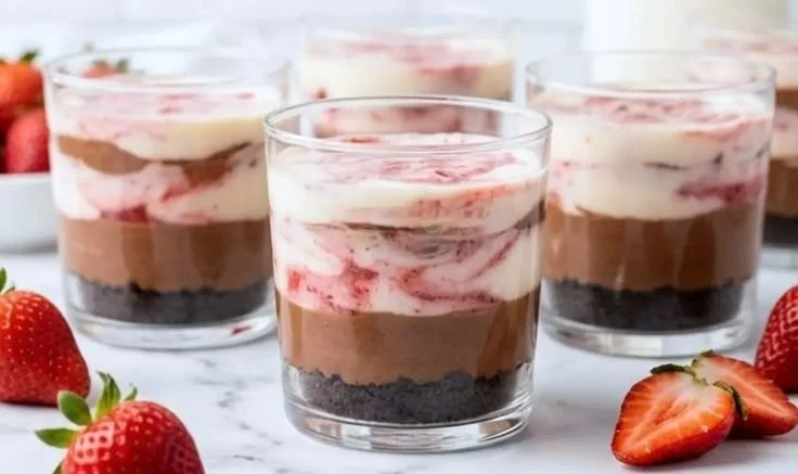Chocolate strawberry swirl cheesecake cups served in clear dessert cups