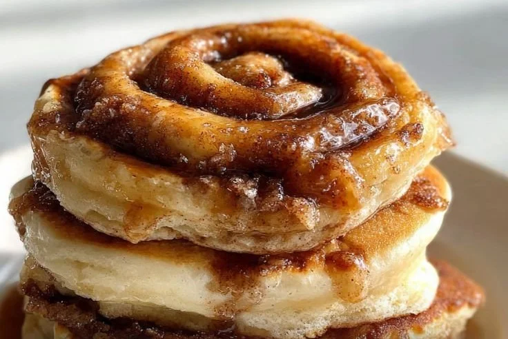 Fluffy cinnamon roll pancakes topped with cream cheese icing