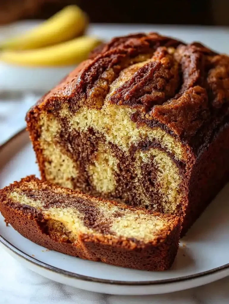 Sliced Cinnamon Swirl Banana Bread on a wooden cutting board