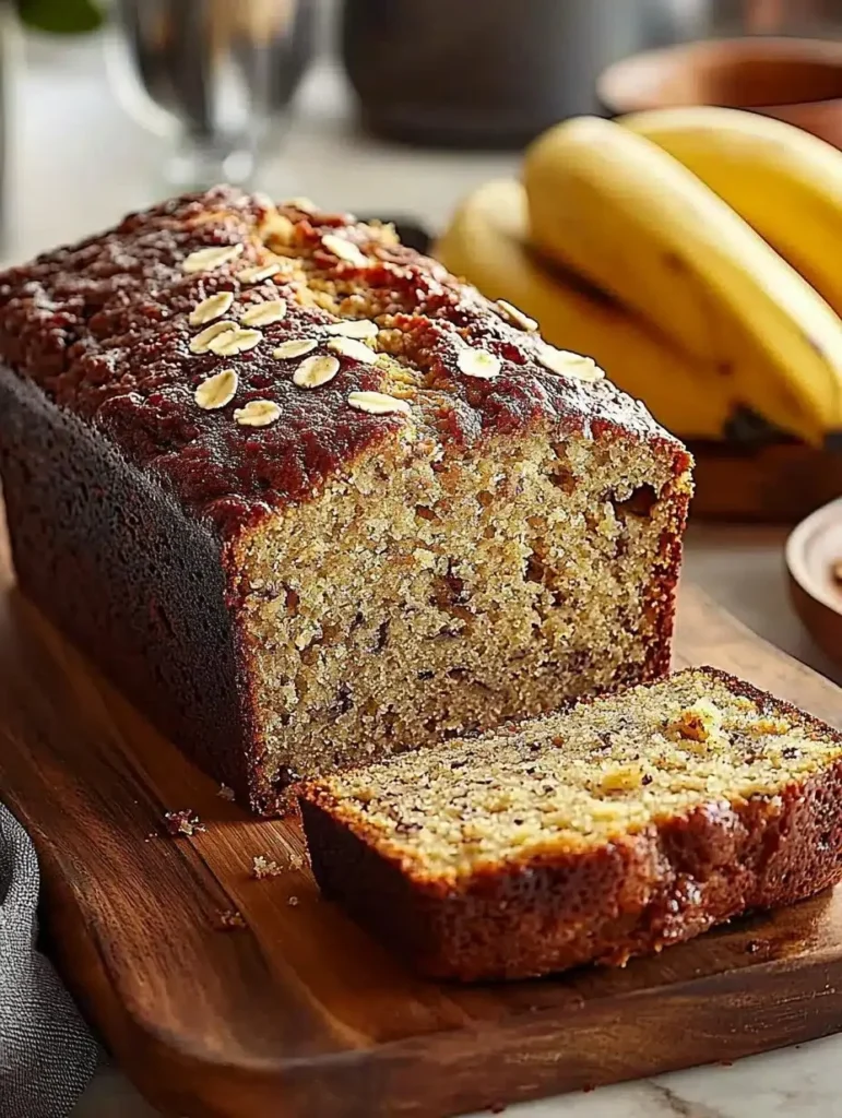 Slice of classic moist banana bread on a wooden table