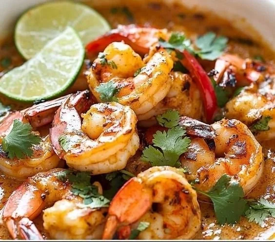 Delicious coconut curry shrimp served with rice and garnished with cilantro.
