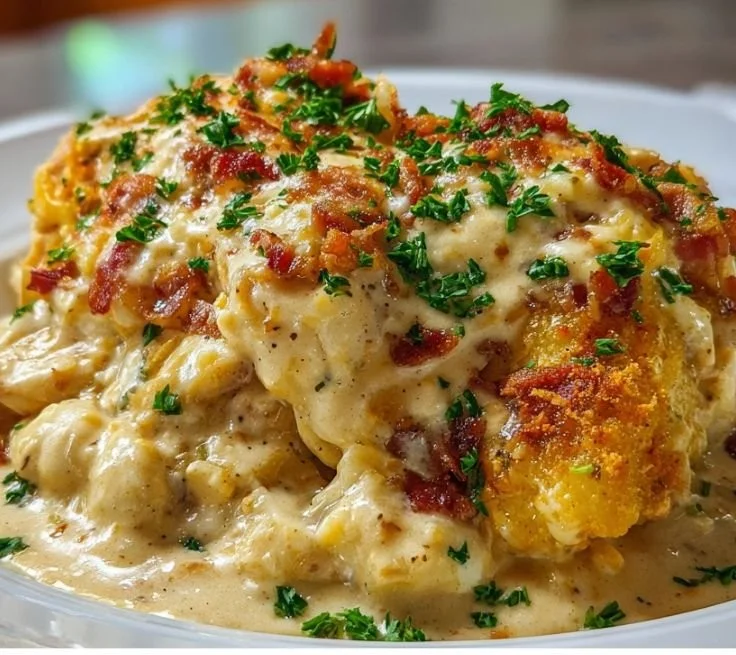 Delicious Cowboy Casserole served in a rustic dish with toppings.