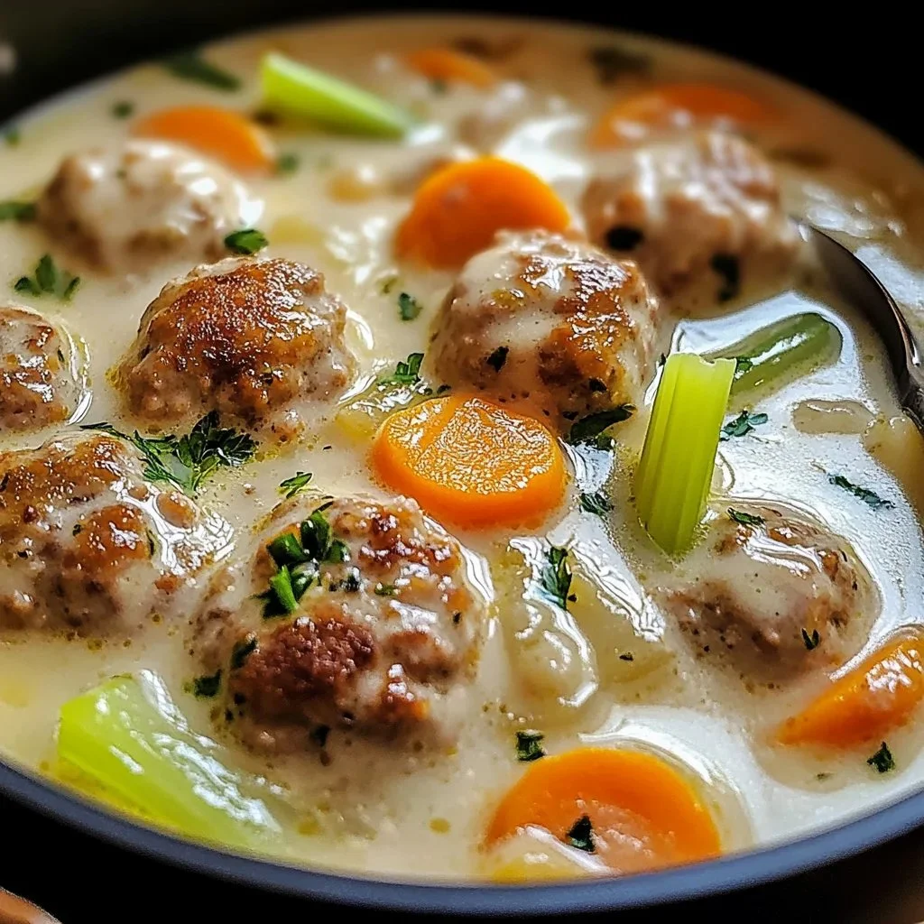 Bowl of cozy Swedish Meatball Soup with fresh ingredients and spices