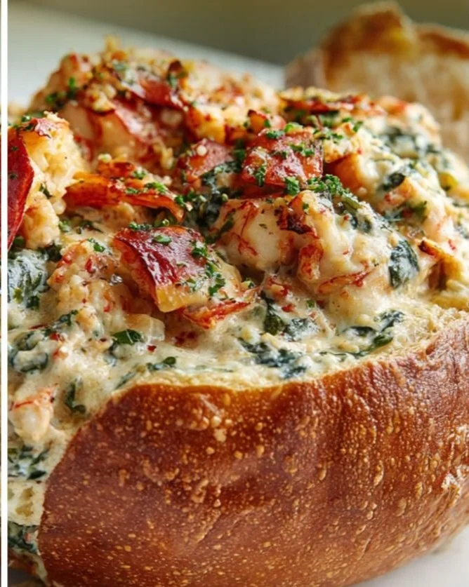 Creamy crawfish and spinach bread boat served as an appetizer
