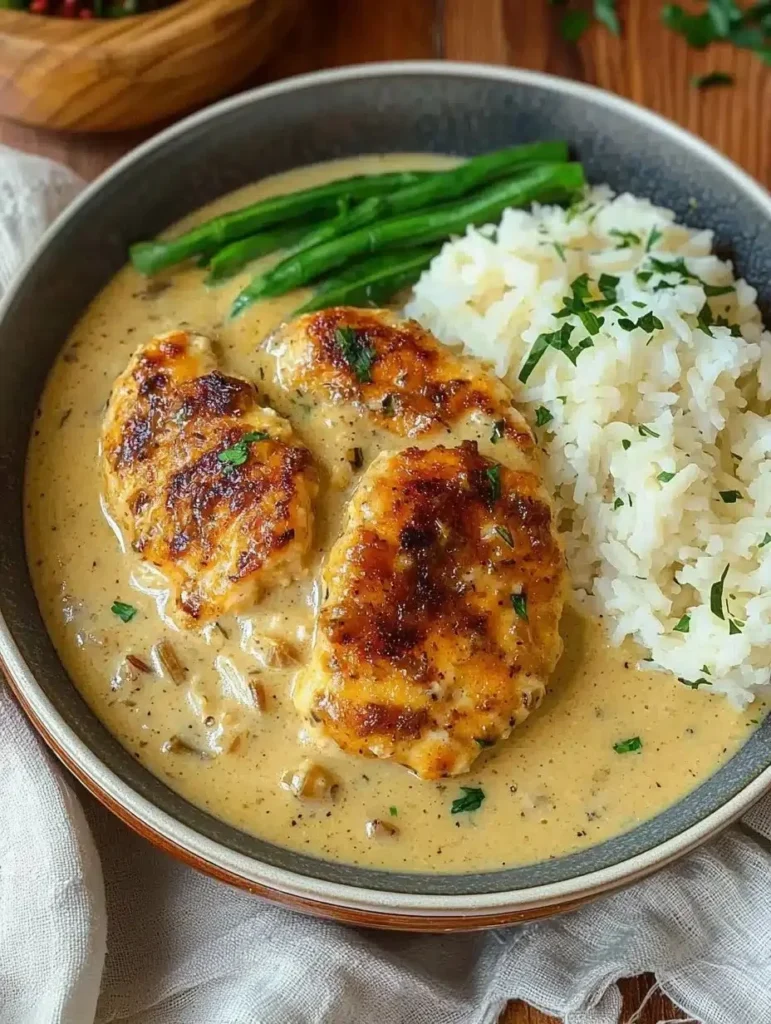 Creamy garlic chicken on a plate garnished with herbs