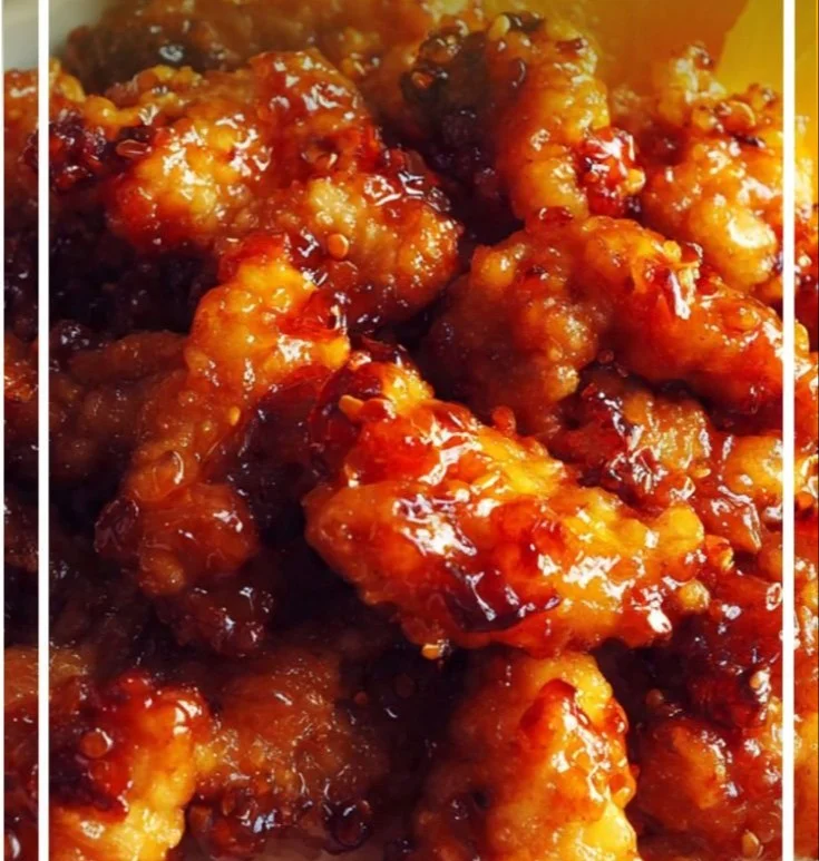 Crispy orange chicken garnished with green onions and sesame seeds
