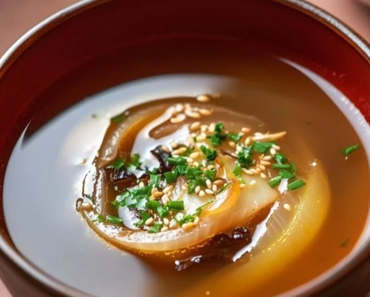 A bowl of delicious Japanese onion soup garnished with green onions.