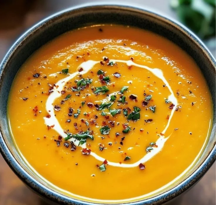 Bowl of easy butternut squash and sweet potato soup garnished with herbs