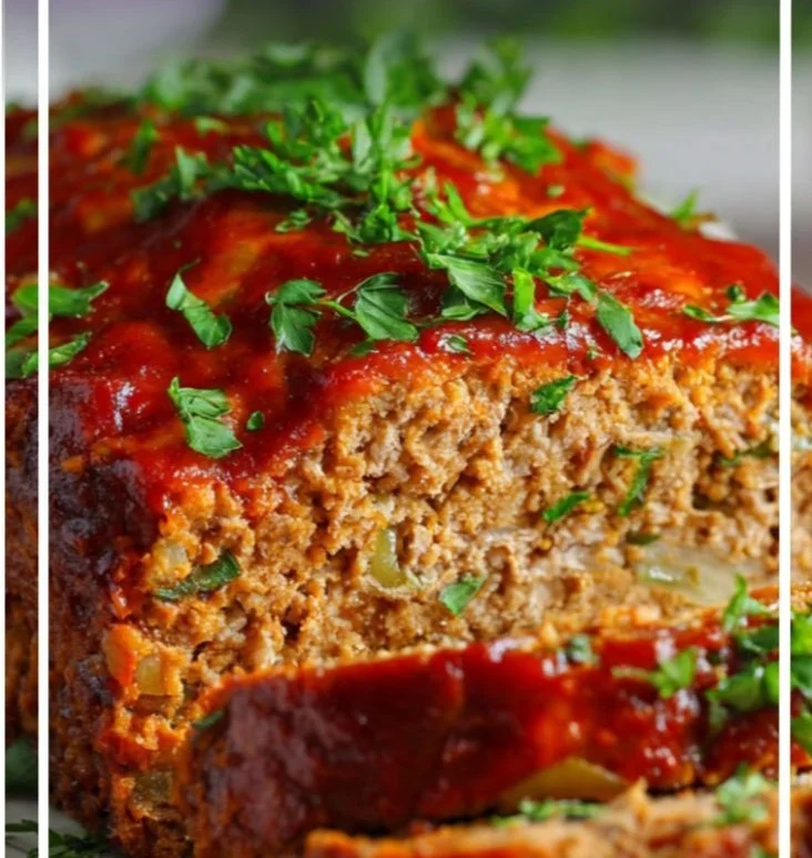 Easy gluten free meatloaf served on a plate with herbs and vegetables.