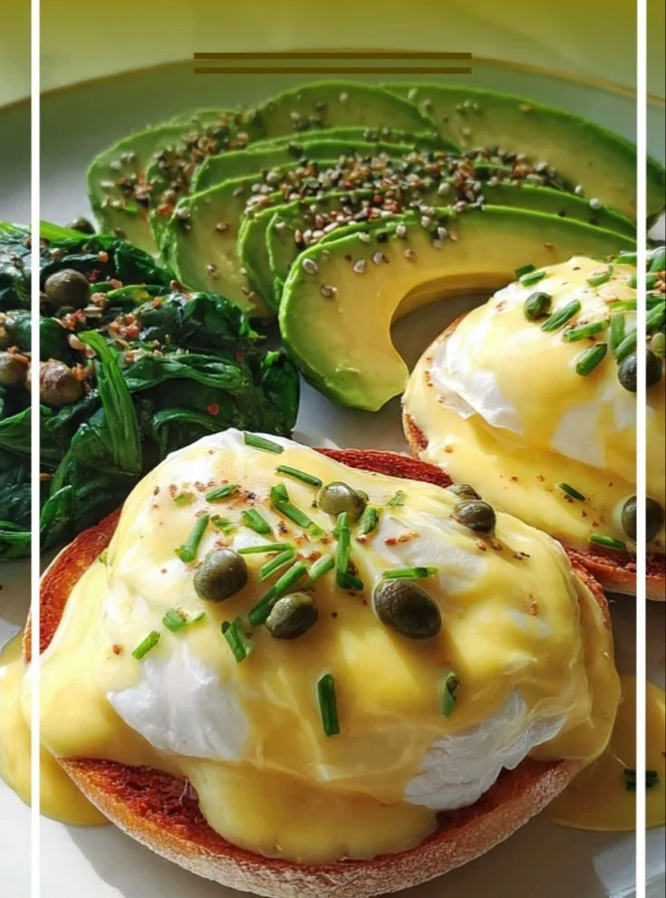 Plate of delicious Eggs Benedict topped with hollandaise sauce and garnished with herbs.