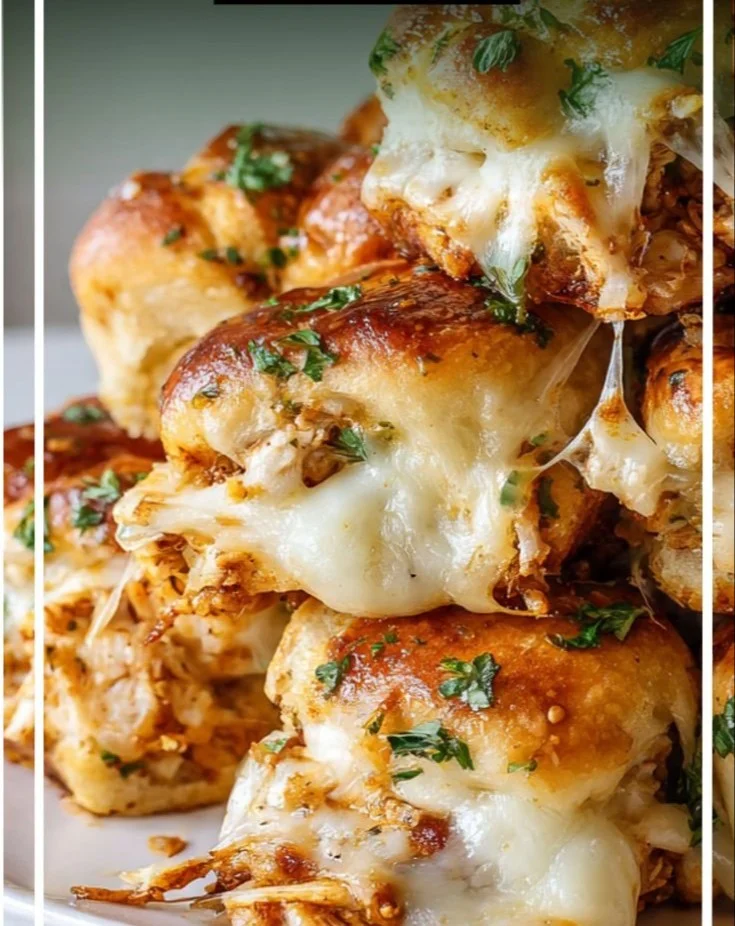 Garlic Knot Chicken Parm Sliders with melted cheese and marinara sauce