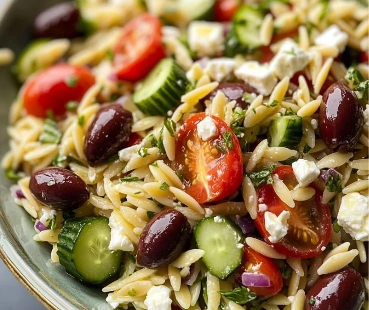 Vibrant Greek orzo pasta salad with veggies and feta cheese