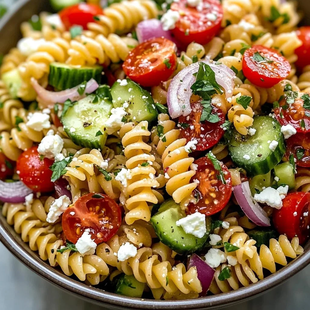 Delicious Greek Pasta Salad with feta, olives, and fresh vegetables.